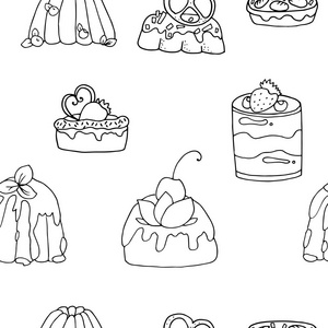 手绘图案背景的不同布丁, 甜点和蛋糕与奶油和浆果。素描风格中的单色矢量插图