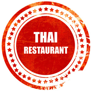 美味的泰国菜，红色橡胶邮票上的实心白色。