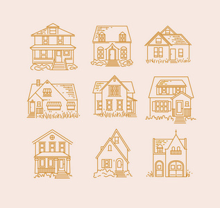 一套房子不同的窗体图标在米色背景下用金色线条在平坦的样式中绘制