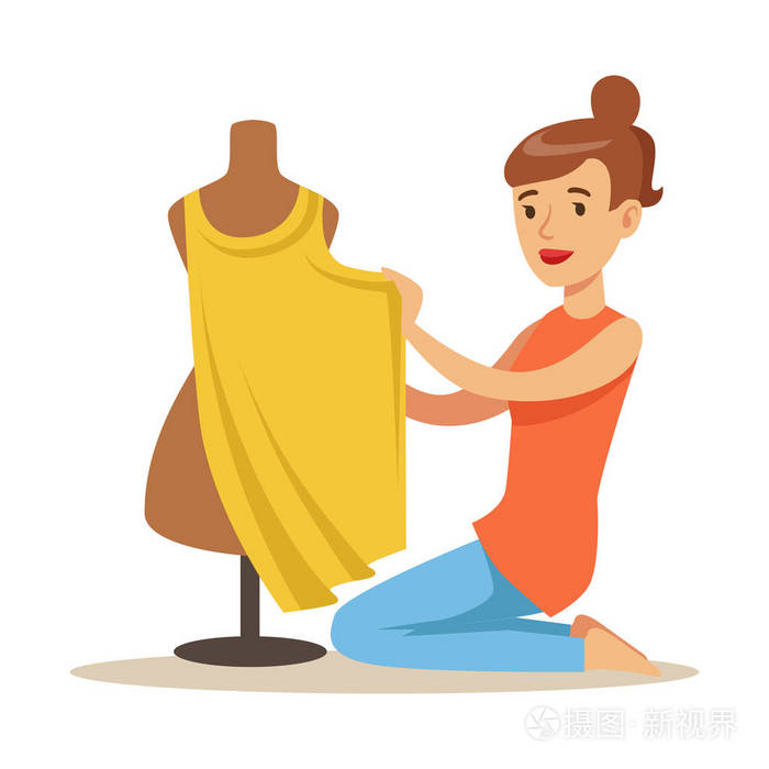 年轻女子坐在地板上虚拟的裁缝缝制衣服的裁缝.