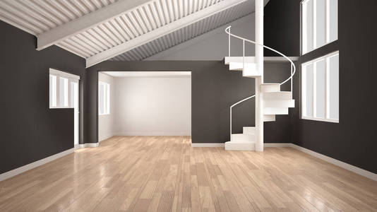 白色和灰色现代空的内部, 开放空间与夹层和简约的螺旋楼梯, 概念设计背景