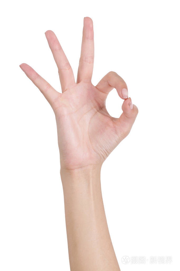 女人的手打手势标志ok好的前端孤立在白色背景上