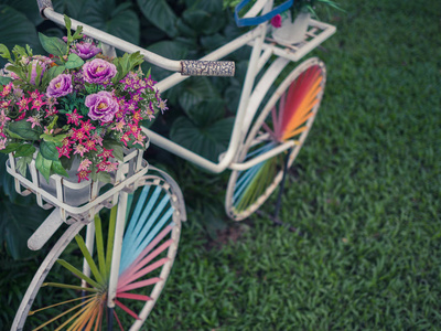 白色的老式自行车与五颜六色的车轮和五颜六色的花朵在白色的壶在绿色的草地与热带棕榈树叶在花园。公园装饰与空间