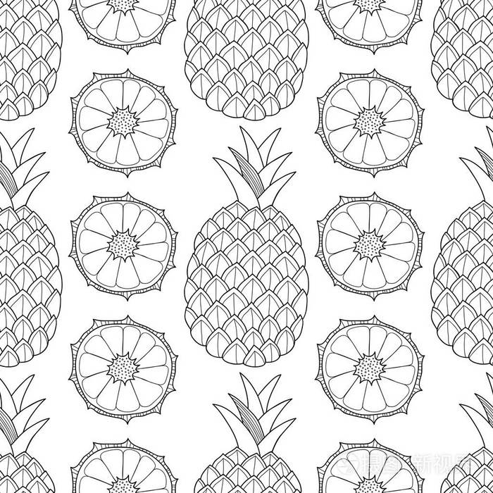 插画 菠萝, 热带水果.黑白插图为着色书和页.甜,健康的甜点和食物.eps