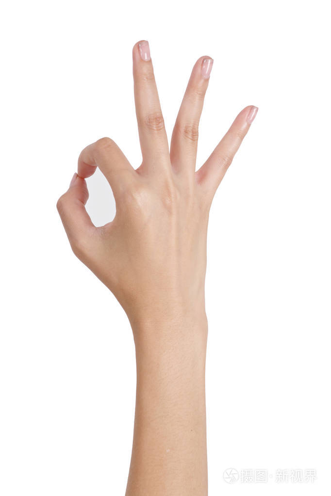 女人的手打手势标志ok好的背面孤立在白色背景上