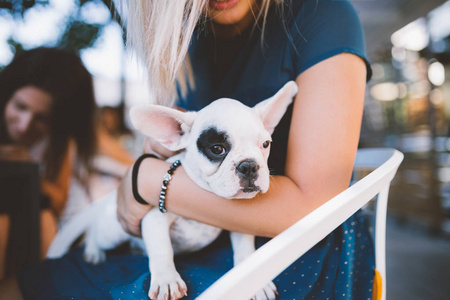 年轻女子享受在自助保持可爱的法国斗牛犬小狗