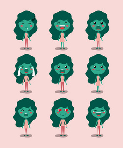 小绿女孩表情符号设置可爱字符