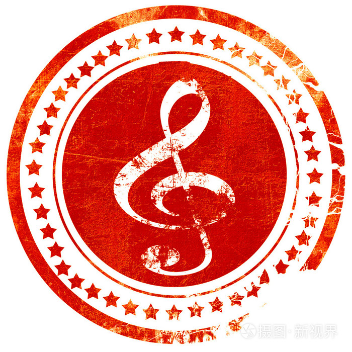音乐音符背景红色橡胶邮票上的实心白色