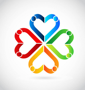 彩色抽象的心在团队的形成, 图标scribble 彩色的心形图标永恒的爱线