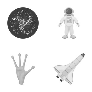 外星人的 s 手，太空梭船航天飞机，宇航员在太空服，黑洞与明星共舞。空间设置集合图标在单色风格矢量符号股票图