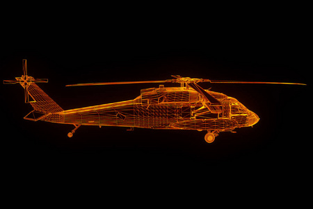 直升机在运动中的线框全息图。漂亮的 3d 渲染