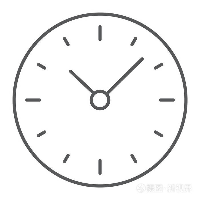 时间细线图标时钟和分钟小时符号矢量图形在白色背景上的线性模式eps