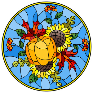插图在彩色玻璃风格与秋季作文, 明亮的叶子, 花和南瓜在蓝色背景, 圆形图像