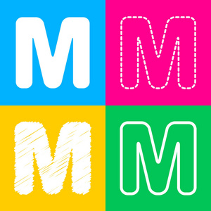 字母 M 标志设计模板元素。四种风格的上四个颜色的方块图标