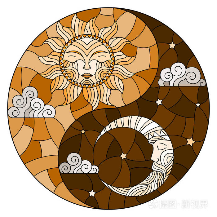 以日月为例以阴阳符号的形式圆的图像色调的褐色为背景