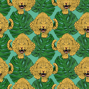 五彩缤纷的热带花卉无缝背景上的猎豹