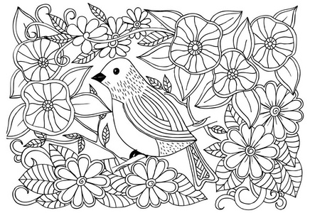 鸟和花。画的涂鸦黑色和白色