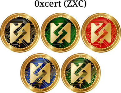 一套物理金币 0xcert Zxc, 数字 cryptocurrency。0xcert Zxc 图标集。在白色背景上隔离