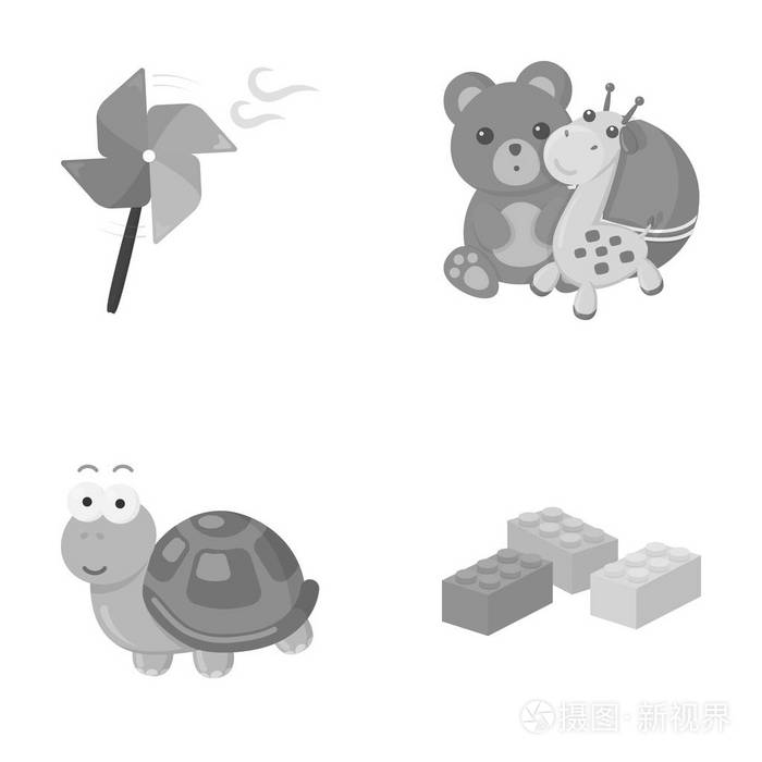 玩具的螺旋桨，一只泰迪熊和一只长颈鹿和五颜六色的球，玩具龟，乐高玩具，儿童的设计器。玩具在单色风格矢量符号股票图 web 设置集