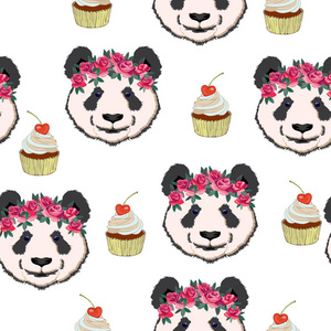 熊猫和纸杯蛋糕无缝模式