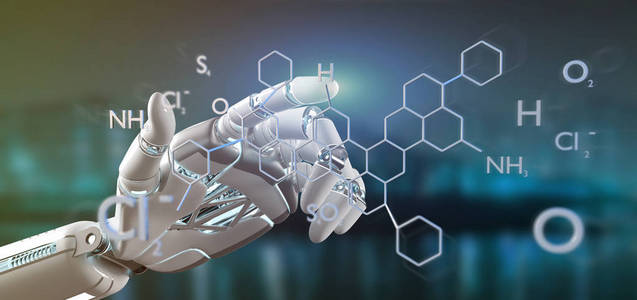 持有分子结构3d 渲染的机器人手的观点