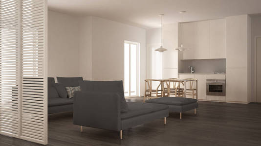 现代清洁客厅, 厨房和餐桌, 沙发, 脚凳和贵妃椅, 最小的白色和灰色的室内设计