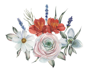 水彩画邀请设计与手绘花卉成分在白色背景上的花束照片