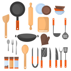 集炊具图标，烹饪工具和厨具设备厨房用具集合