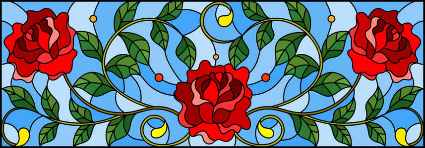 插图在彩色玻璃风格与 abstracy 红玫瑰, 卷发和树叶在一个蓝色的背景