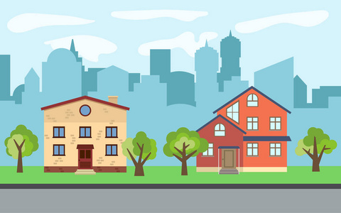 在阳光明媚的日子里, 有两层三层卡通房子和绿树的矢量城市.