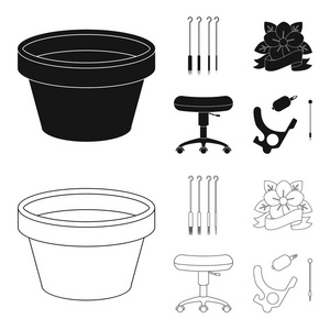 椅子上的滚筒, 针的纹身和其他设备。纹身集合图标在黑色, 轮廓样式矢量符号股票插画网站