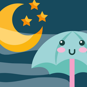 可爱伞月亮和 stras 卡通