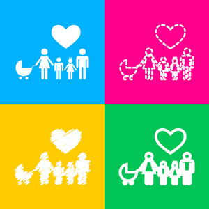 用心的家庭标志。丈夫和妻子保持儿童的手。四种风格的上四个颜色的方块图标