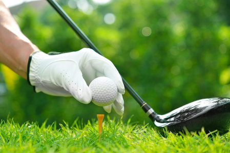 高尔夫球手的手在与高尔夫球场背景的绿色草地上举行高尔夫球球与驱动程序