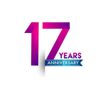 17年纪念庆祝紫色标志与蓝色丝带。生日派对矢量设计模板
