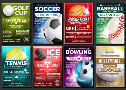 运动海报集矢量。网球, 篮球, 足球, 高尔夫球, 棒球, 冰球, 保龄球。事件公告。横幅模板广告。联盟。比赛。垂直运动请柬插图