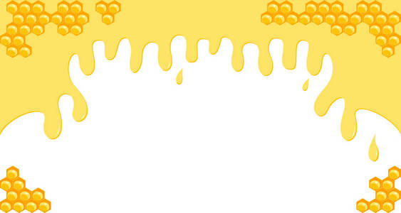 蜂蜜明信片蜂蜜背景, 黄色流动蜂蜜下落和蜂窝在白色背景, 蜂蜜横幅以