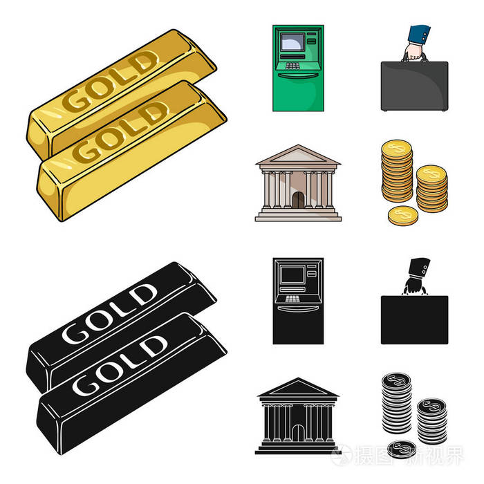 货币和金融集合图标在卡通, 黑色风格矢量符号股票插画网站