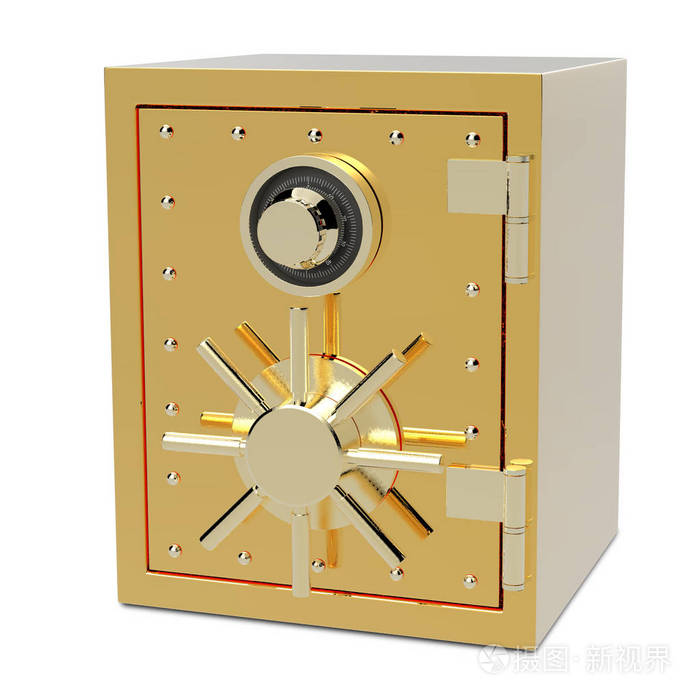 3d 用修剪路径在白色背景上隔离的黄金保险箱