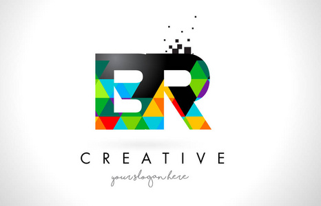 Br B R 字母徽标与彩色三角形纹理设计矢量