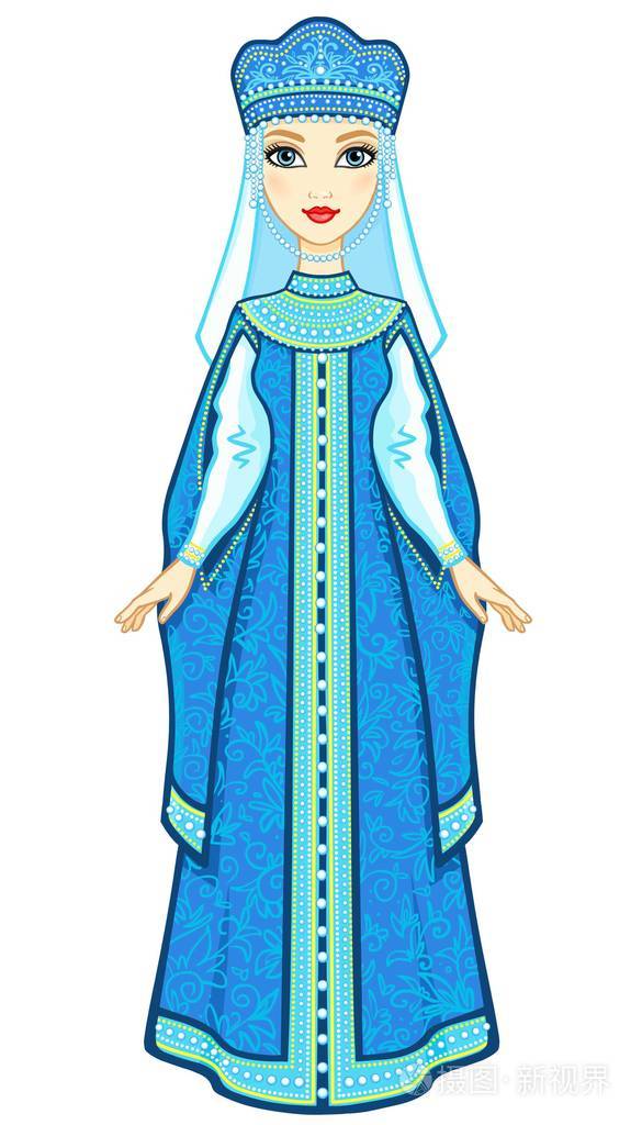 动画的古代服饰中的俄罗斯公主的画像充分的成长孤立在白色背景上的
