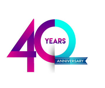 40年纪念庆祝紫色标志与蓝色丝带。生日派对矢量设计模板