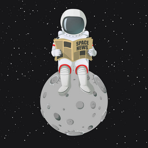 坐在月亮上看报纸的宇航员.背景上的黑暗空间和星星照片