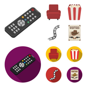 控制面板, 一张扶手椅, 爆米花。电影和电影集合图标在卡通, 平面风格矢量符号股票插画网站