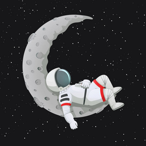 矢量插图。宇航员躺着, 放松, 睡觉, 在新月上休息。背景上的黑暗空间和星星
