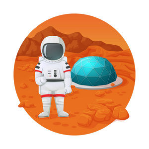 火星的殖民化。宇航员竖起大拇指姿态站立在火星表面附近解决与保护圆顶。矢量插图。背景上的岩石和山脉