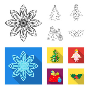 圣诞树, 天使, 礼物和冬青轮廓, 平面图标集合为设计。圣诞节矢量符号股票网页插图