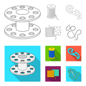在织物上有螺纹针卷曲接缝的线轴。缝纫或剪裁工具设置集合图标的轮廓, 平面风格矢量符号股票插画网站