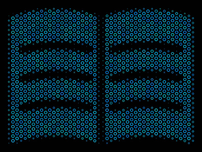 半色调打开书拼贴图标的球状气泡在蓝色色调黑色背景。矢量球点分为开放式书拼贴