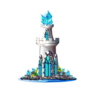 童话塔与蓝色水晶。魔术向量例证